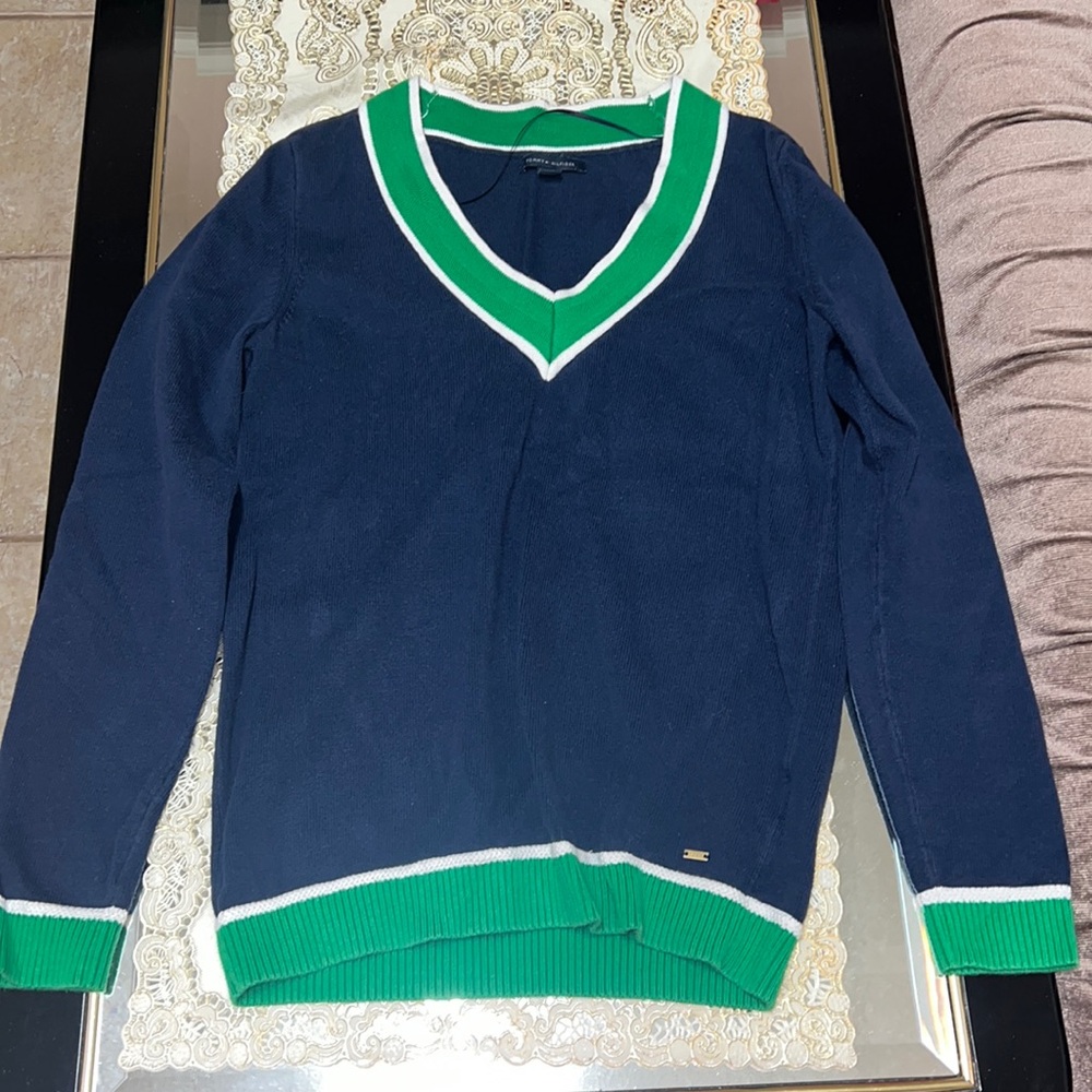 Tommy Hilfiger navy blue and green v-neck sweater